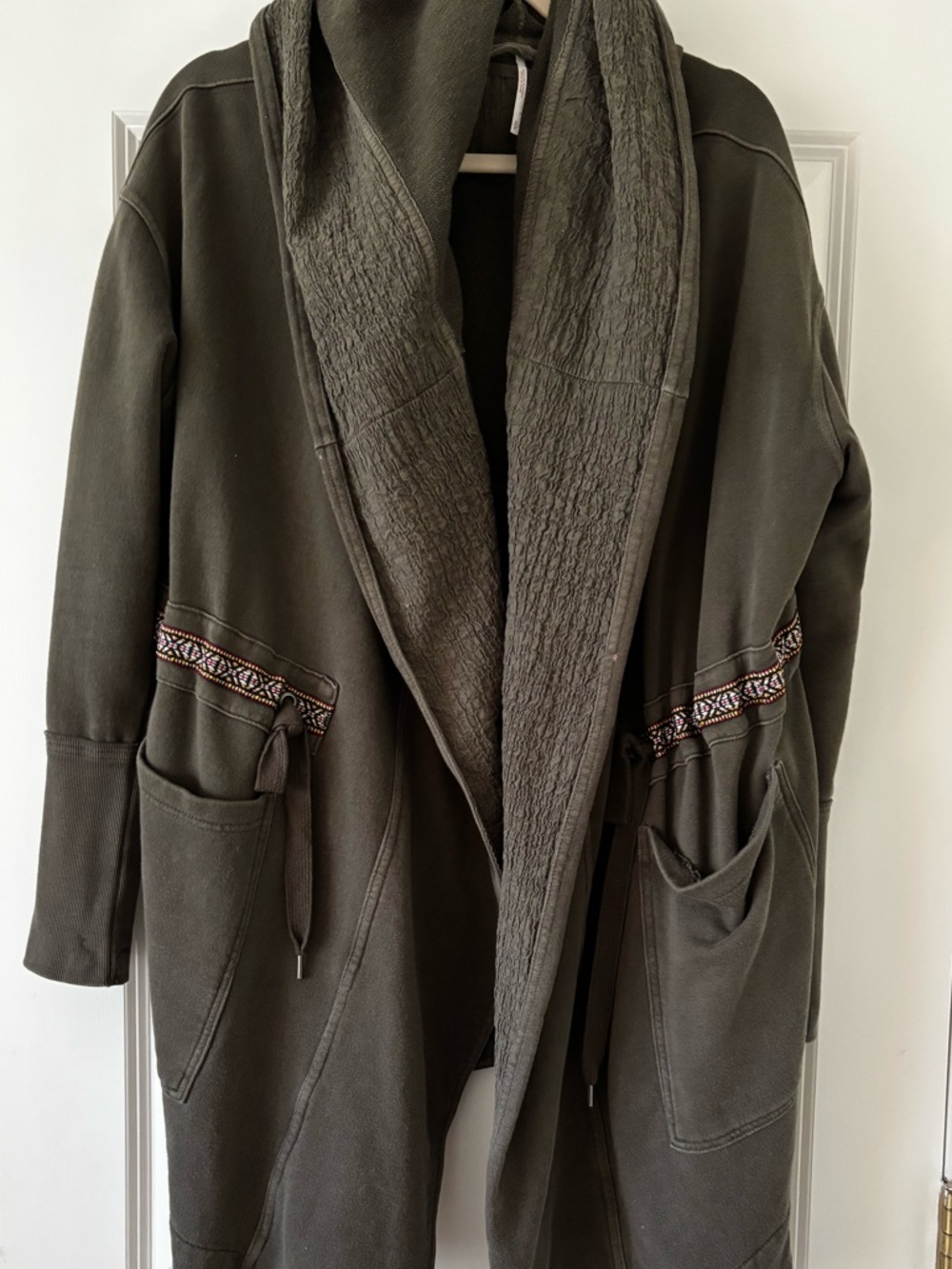 Free People Olive Green Hooded Coatigan with Embroidered Waist